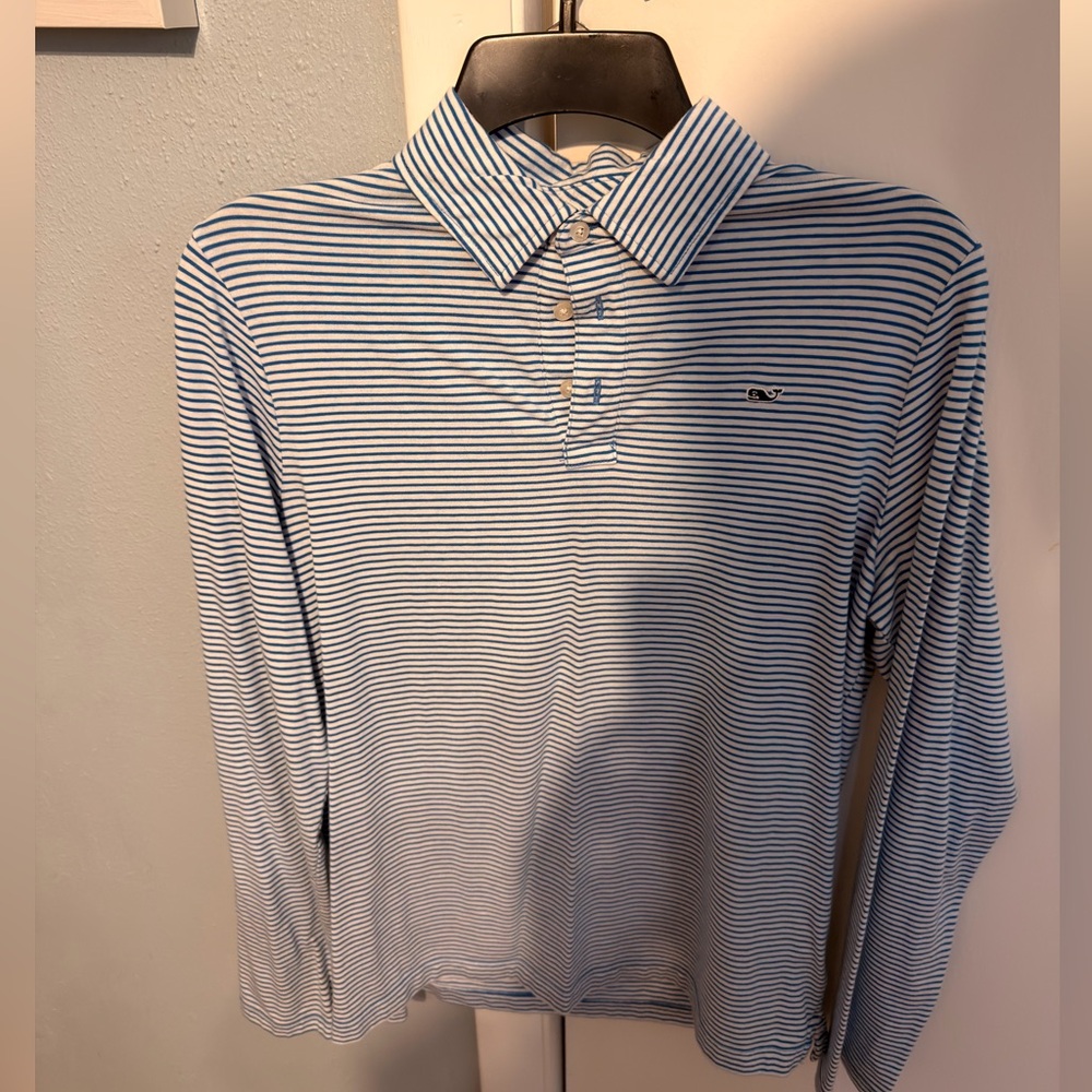 Long Sleeve Striped Polo Shirt - Light Blue/White